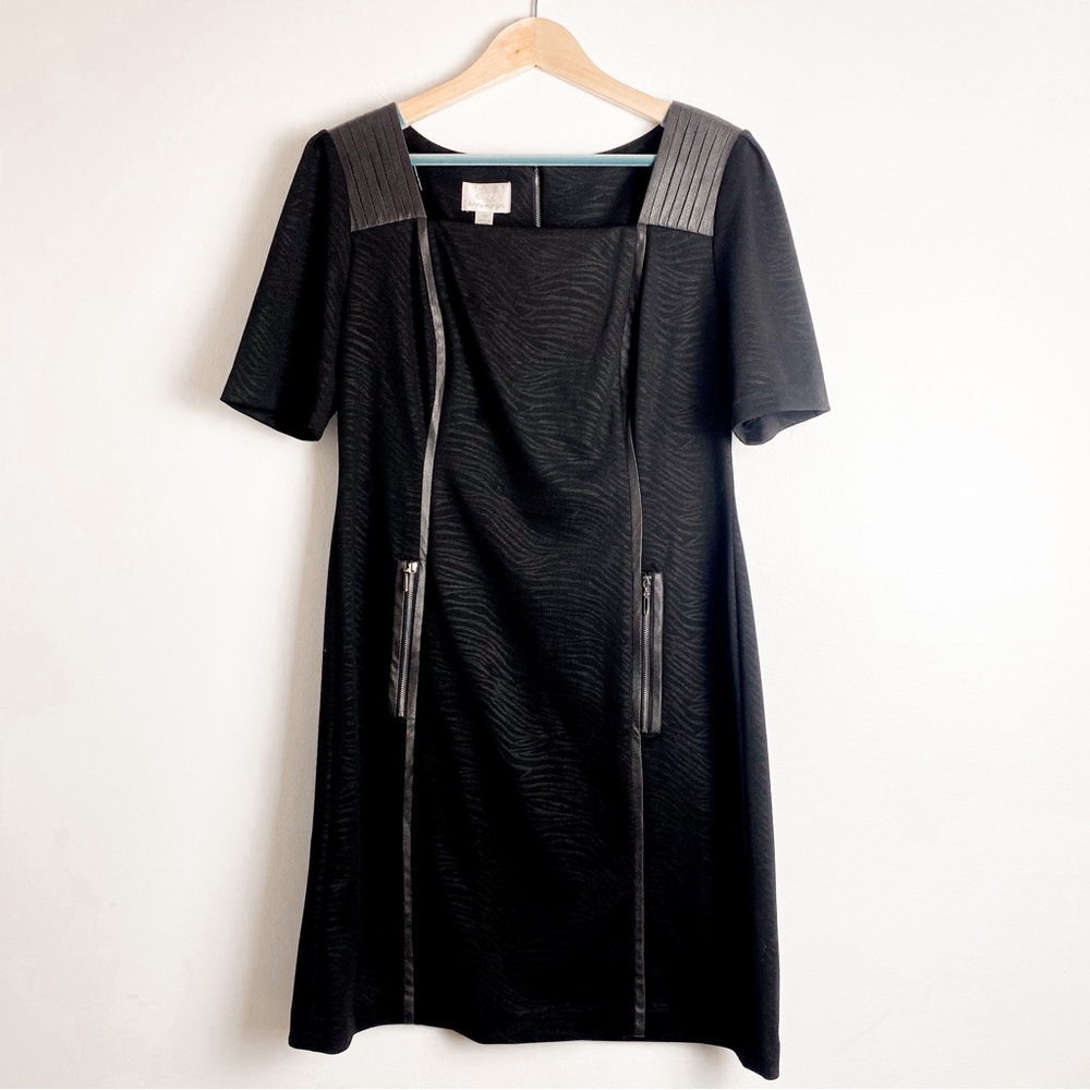 Donna Morgan Black Sheath dress sleeve Square neck faux leather details zipper